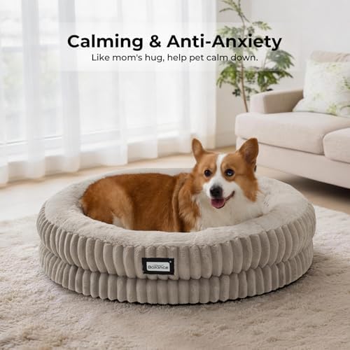 BALANCE Donut Dog Bed, 30 Inches Round Dog Bed Medium Size Dogs Washable, Orthopedic Calming Dogs Beds for Kitten, Fluffy Plush Faux Fur Pet Bed with Anti-Slip Bottom