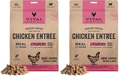 Vital Essentials Freeze Dried Cat Food, Raw Chicken Crunchy Nibs Complete Meal or Mixer High Protein, Low Carb, Grain Free, Dry Cat Food 12 oz, (Pack of 2)