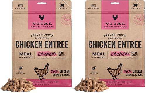 Vital Essentials Freeze Dried Cat Food, Raw Chicken Crunchy Nibs Complete Meal or Mixer High Protein, Low Carb, Grain Free, Dry Cat Food 12 oz, (Pack of 2)