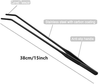 15 inch Black Curved Aquarium Tweezers Stainless Steel Curved Tweezer with Carbonation Protection Coating Against Rust Long Reptiles Feeding Tongs for Aquatic Plants Lizards Spider Snakes