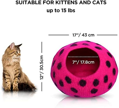 Woolygon Premium Felt Cat Cave Bed – Wool Kitty Beds Handcrafted Kitten Caves Bed for Indoor Cats - Made from Merino Wool, Foldable Cat Hideaway Covered Cat House Pod (Pink Polka)