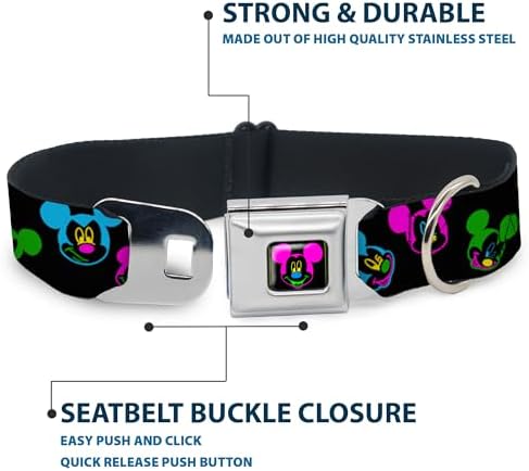Buckle-Down Seatbelt Buckle Dog Collar - Mickey Mouse Expressions Scattered Black/Multi Neon - 1" Wide - Fits 11-17" Neck - Medium