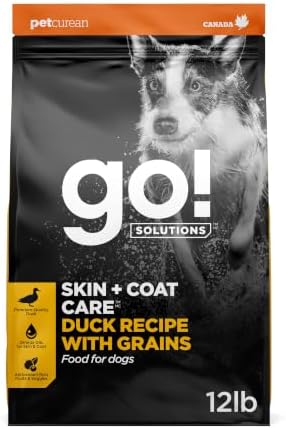 Go! Solutions Skin + Coat Care Duck Dry Dog Food with Grains, Chicken-Free, Healthy Kibble with Omega-3s & 6s for Soft, Shiny Fur, for Puppies, Adults, & Seniors, 12 lb Bag