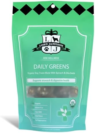 Lord Jameson Daily Greens Soft & Chewy Organic Dog Treats - Digestion Supporting Spinach, Dandelion, & Ginger - No-Bake, Gluten-Free, Preservative-Free, USDA Certified Organic - Made In USA 6 oz