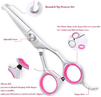 Dog Grooming Kit with Round Tip, 6 in 1 Cat Dog Grooming Scissors, Stainless Steel Pet Grooming Shears for Full Body, Face, Nose, Ear and Paw (pink)