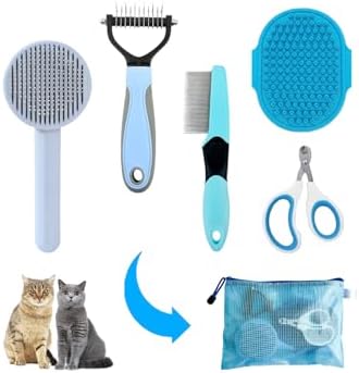 Grooming Brush Kit - 5pcs for Shedding & Matted Fur, Self-Cleaning with Flea Comb for Indoor Long-Haired Cats, Blue