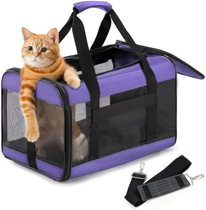 Conlun Cat Carrier Airline Approved, Soft-Sided Dog Carrier with Inner Safety Leash, Pet Transport Carrier for Small-Medium Cats Puppies up to 15 Lbs, Collapsible Travel Kitten Carrier Bag -Purple M