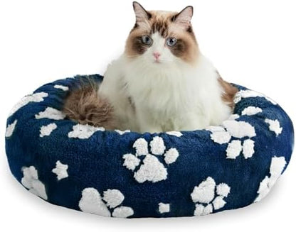 Round Cat Beds for Indoor Cats, Small Donut Dog Beds, Navy Blue, 20"