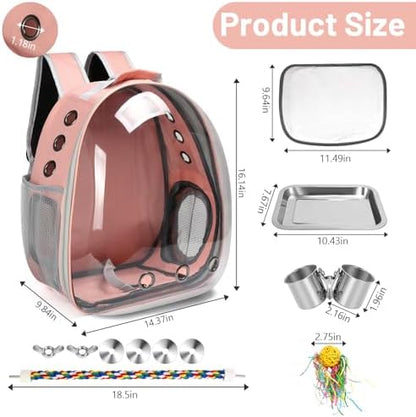 Bird Backpack Carrier, Travel Bird Cage for Small Medium Size Parrot Parakeet Budgies Cockatiel, Portable Clear Bubble Window Bag with Stainless Steel Tray Food Bowl Standing Perch (Pink)