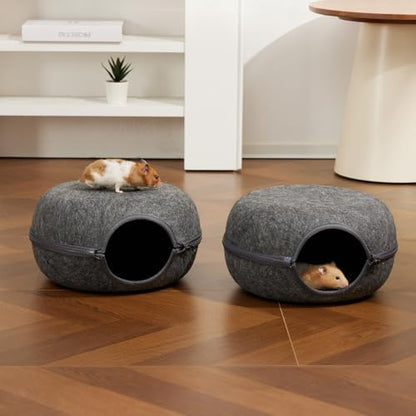 Guinea Pig Hideout 2 Pack, Double Function Guinea Pig Bed with 3 Soft Cushions, Small Animal Cage Accessories for Guinea Pigs, Hamsters, Hedgehogs, and Ferrets (Dark Grey & Dark Grey)