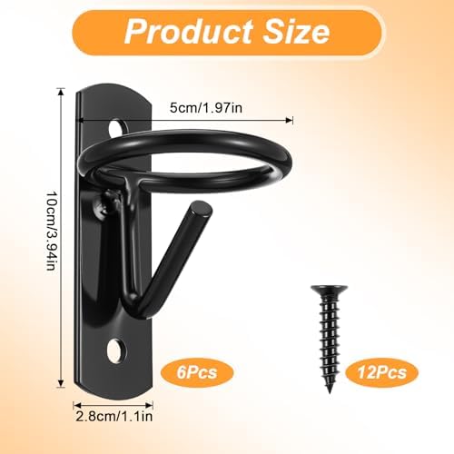 6 Pcs Metal Bucket Hooks for Horses - Heavy Duty Bucket Holder with Ring, Wall Mount Water Hangers for Stall, Barn, Farmhouse Supplies (Black)