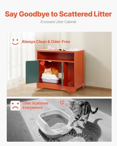 VEVOR Cat Litter Box Enclosure, 31 in Hidden Litter Box Cabinet with Shelf & Storage, Modern Style Indoor Cat Washroom, Wooden Kitty House Furniture End Table, Fit Most Litterboxes, Red & Green