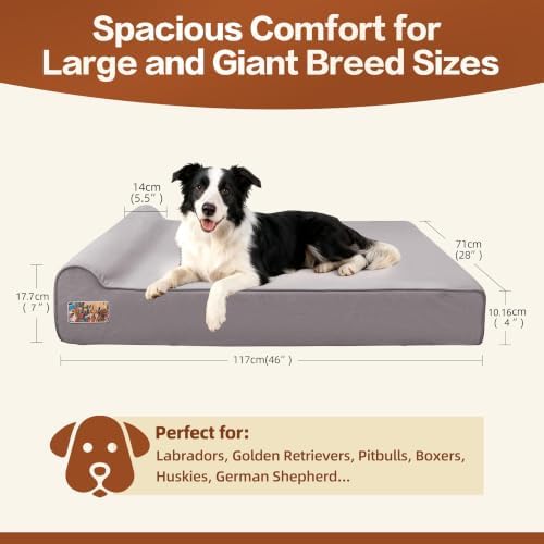 Sytopia Orthopedic Dog Beds for Large Dogs – 7" Extra Thick Memory Foam Pet Couch for Senior Dogs and Great Danes with Waterproof Liner & Washable Cover, Nonskid Bottom, 46"x28"x7", Grey