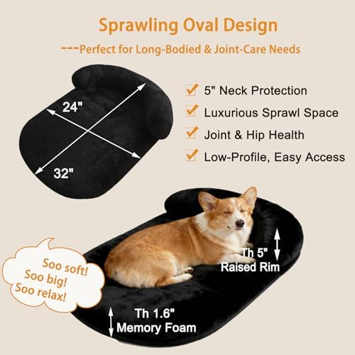 Orthopedic Dog Bed with Egg-Crate Base, Calming Dog Beds Fluffy Plush Faux Fur with Raised Edges, Spine Friendly Pet Sleeping Mat for Medium Large Dogs, Machine Washable (Oval, Black 32"x24")