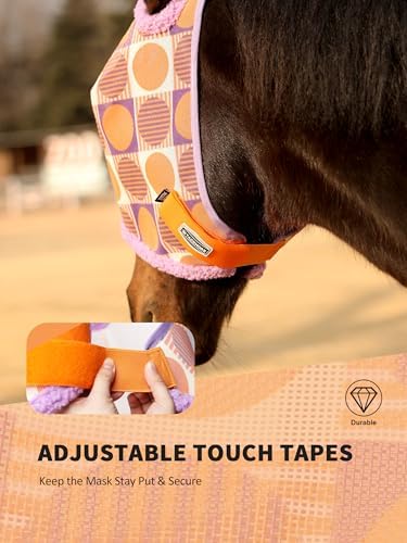 Tackmore Horse Fly Mask Without Ears, Breathable Structured Mesh for Horses, Soft Fleece Edging, UV Protection, Printed Turnout Mask for Pasture-Orange Circles XL