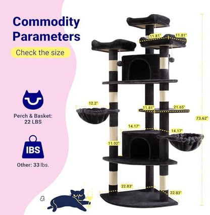 Allewie 73in Fan-Shaped Space-Saving Corner Cat Tree Tower, Dark Grey