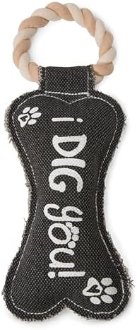 Pavilion Gift Company 45609 Pavilion's Pets-Gray Bone Canvas and Rope Dog Squeaky Toy-I Dig YouDog Toy, Large Breed