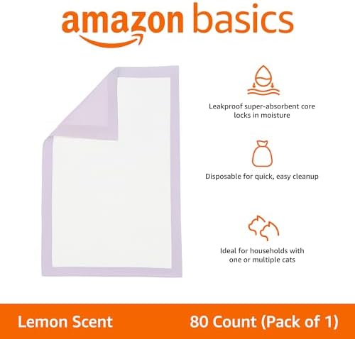 Amazon Basics Cat Pee Pads, Odor Control, Super Absorbent, Disposable, Universal Fit for Litter Box, Lemon Scent, Multi Cat, White/Purple, 80 Count