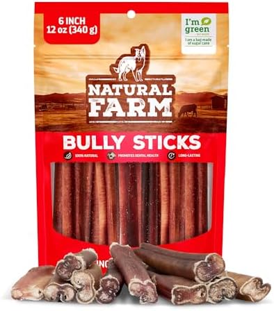 Natural Farm Bully Sticks, Odor-Free, (6 Inch, 12 Ounces), Packaged by Weight, 100% Beef Pizzle Chews, Grass-Fed, Fully Digestible Treats to Keep Your Puppies, Small and Medium Dogs Busy