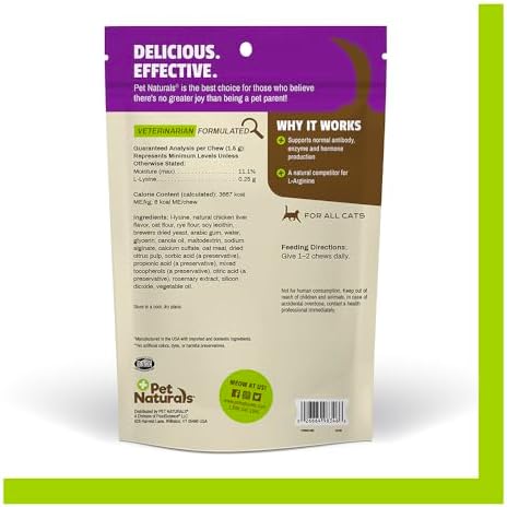 Pet Naturals Lysine for Cats, Chicken Flavor, 60 Chews - Immune and Respiratory Support for Cats - No Wheat or Corn - Vet Recommended