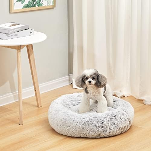 Bedfolks Calming Fluffy Donut Dog Bed for Small Dogs,Light Grey, 23" Round