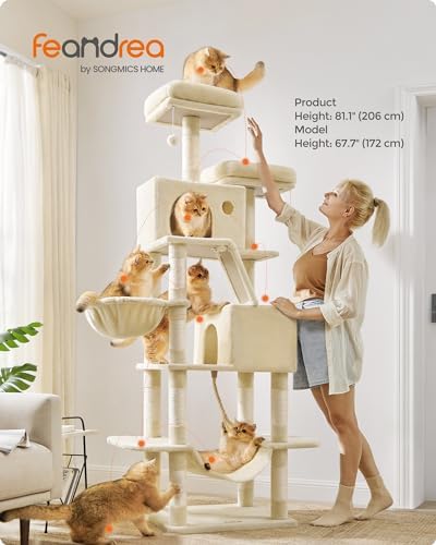 Feandrea Cat Tree, 81.1-Inch Large Cat Tower, Multi-Level Condo, Beige