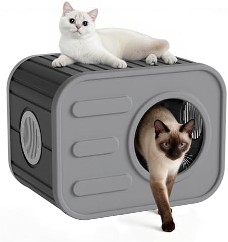 NUNU LAB Cat Litter Box Enclosure,Plastic Cat House Outdoor, Cats House for Indoor, Weatherproof Cat House, Camera Shaped Design, with Escape Door, for Small to Medium Cats (Grey)