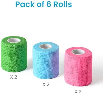 WePet Pet Wrap, Self-Adhesive, Only Sticks to Itself, Non-Woven Tape for Dog Legs, Paws, Wounds, First Aid Cohesive Gauze for Horse, Cat, Bird, Animal, 6 Rolls, 2 Inch, Solid Color B