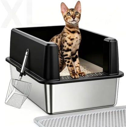WoofiGo XL Stainless Steel Litter Box, High Sided Litter Pan for Big Cats