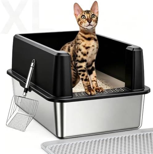 WoofiGo XL Stainless Steel Litter Box, High Sided Litter Pan for Big Cats