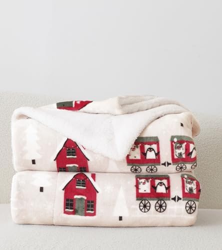 Elegant Comfort Reversible and Ultra-Plush Flannel Fleece-Winter Christmas Sherpa Throw- Lightweight Soft and Cozy-Holiday Decorative Throw, Perfect for Lounging, 50 x 60 inches, Santa Train