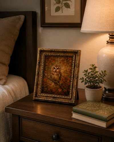 Framed Vintage Style Wall Art Rustic Forest Animal Elegant Owl Canvas Print Poster Farmhouse style artwork suitable for bedroom or living room 8x10 inches designed for wall hanging or tabletop display