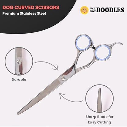 Dog Grooming Scissors Kit, Curved, Straight & Thinning Shears Set, Silver