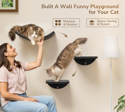 Cat Wall Shelves for Large Cats Set, Grey Curved Wall Sisal Bed and 2 Floating Wall Sisal Steps, Wall Mounted Climbing Shelves for Sleeping, Playing, and Lounging