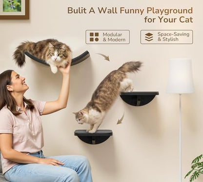 Grey Sisal-Padded Cat Wall Steps (2-Pack), Floating Wooden Cat Perch and Climbing Step Set, Wall Mounted Furniture for Jumping & Play