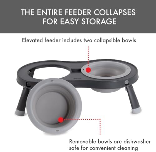 Dexas Pets Elevated Double Pet Feeder, Large, 2.5 Cup Capacity Bowls, Light Gray, Raised Pet Food and Water Bowls