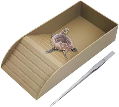 kathson Tortoise Water Dish with Ramp and Basking Platform, Reptile Water Bowl Turtle Soaking Tub Hermit Crab Bathing Pool for Amphibians Habitat Accessories (Brown)