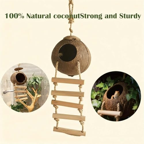 Leopard Gecko Tank Accessories. Reptile Hammock Vines Plants with Coconut Shell Ladder Hideout Hermit Crab Decor for Bearded Dragon Lizard Chameleon Crested Gecko Tortoise Snake