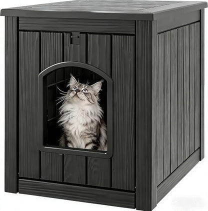 Cat Litter Box Enclosure, Plastic Outdoor Cat House Weatherproof, Multi-Functional Hidden Litter Box Furniture for Living Room, Backyard, Patio, Black