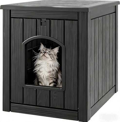 Cat Litter Box Enclosure, Plastic Outdoor Cat House Weatherproof, Multi-Functional Hidden Litter Box Furniture for Living Room, Backyard, Patio, Black