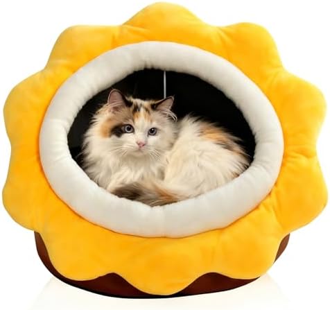 Cat Beds for Indoor Cats - Sun Flower Shaped Cute Cat Cave Bed,Brown L
