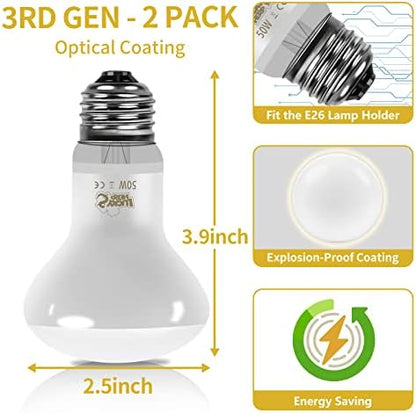 LUCKY HERP New Upgrade 50W Reptile Heat Lamp Bulb (3rd Gen, Safer), Amphibian Basking Spot Light Bulb, UVA Reptile Daylight Bulb for Turtle, Bearded Dragon, Lizard Heating Use (2 Pack)