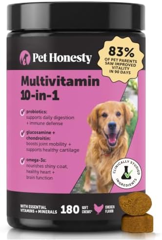 10-in-1 Dog Multivitamin Supplement with Glucosamine & Probiotics - Hip & Joint Support, Digestive Health, Immune Support, Heart & Skin - All-in-One Daily Vitamins & Omega-3s for Dogs (Chicken 180 Ct)