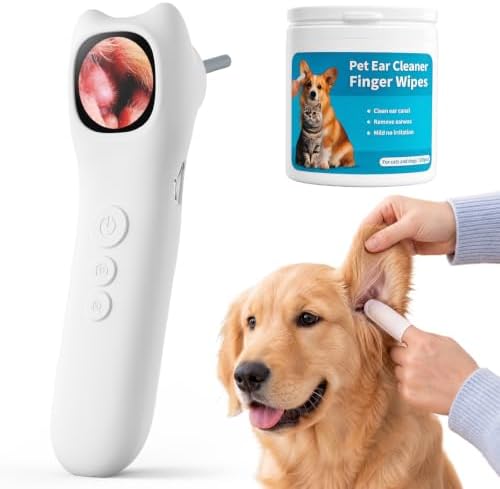Pet Ear Camera Cleaning Kit with Screen, Dog & Cat Ear Cleaner with 50 Finger Wipes, Gentle Soft Otic Ear Cleaning Pads, Helps Clean Dirt, Wax & Odor-Causing Buildup, Non-Irritating, White