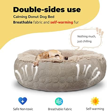 HACHIKITTY Dog Donut Round Calming Bed, Fluffy Dog Bed for Medium Large Dogs, Cooling Warming Soft Dog Cushion Bed, Double Sided Available Dog Bed with Warm & Cool Sides(24"x24"x7", Taupe)