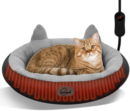 Heated Cat Bed for Small Size Cats, Heated Pet Bed with Timer & Temp Adjustable, Removable Waterproof Pet Heating Pad for Indoor, Gray Cozy Donut Electric Bed Heater Warmer for Kitten Cat