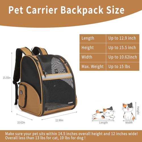 Cat Backpack Carrier for Small Dogs and Medium cat Puppy Kitten Bunny Pet Carrier Backpack Collapsible with Fully Ventilated Mesh with Safety Leash (Brown, 12.9" L x 10.62" W x 15.5" H - M)