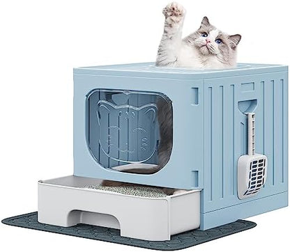 YITAHOME Large Enclosed Cat Litter Box w/Mat Scoop Blue Litter Box with Lid