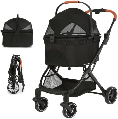 Pet Stroller with Detachable Carrier, Foldable Dog & Cat Stroller