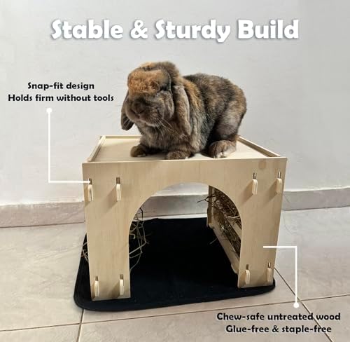 Kiwi&Mora Wooden Bunny Hideout – Large Indoor Rabbit House with Hay Feeder